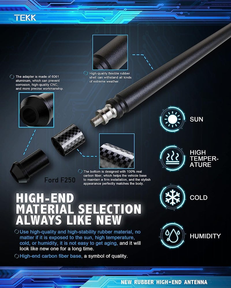 tekk Carbon Fiber Short Antenna Compatible with Ford F250 Pickup Truck 2009-2026/7.9 Inches Premium Flexible Rubber/Designed for Enhance FM/AM Radio Signal Reception - Image 3